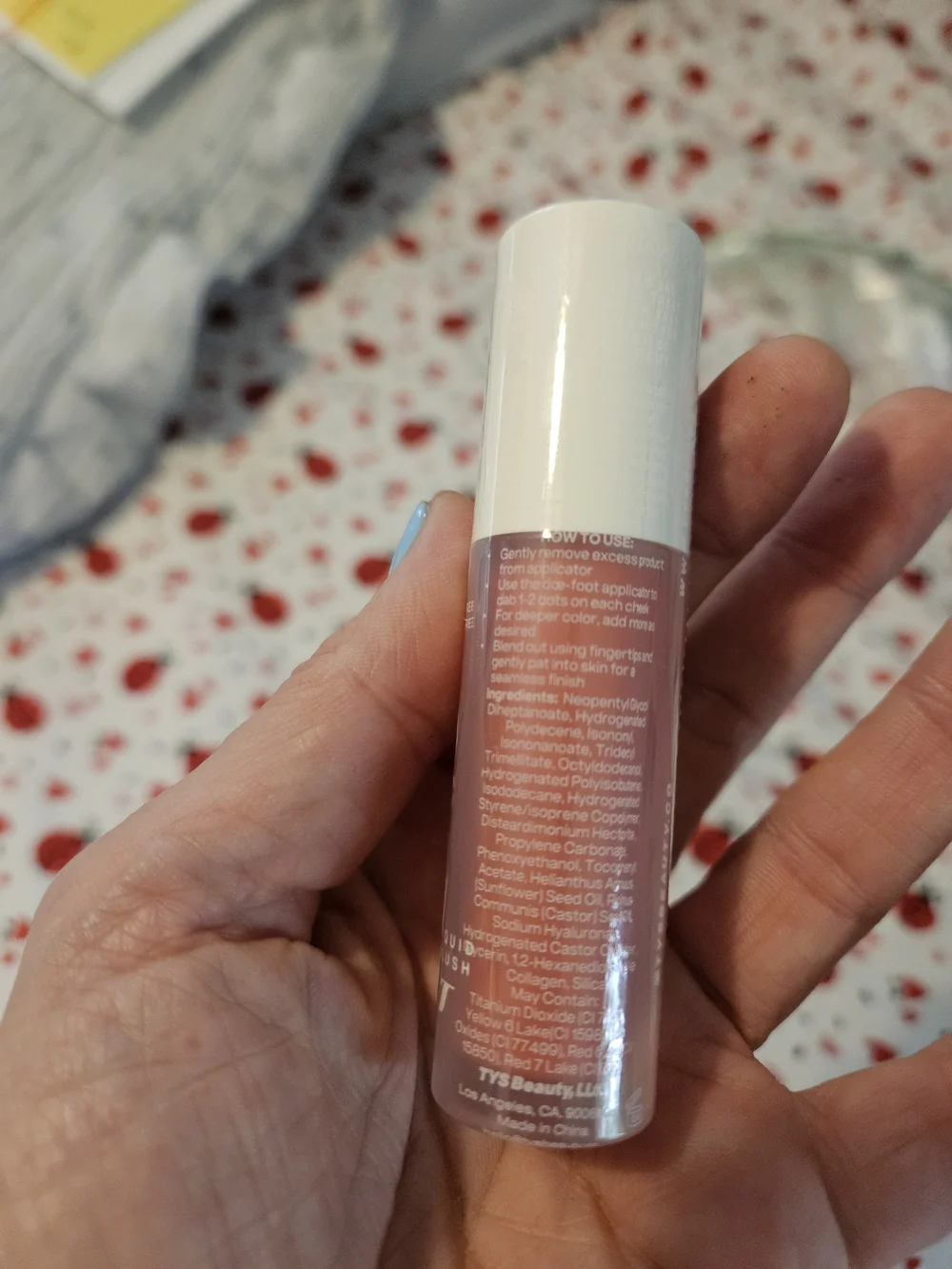 TYS Beauty Liquid Cheek Tint Drip Blush — Dusty Rose Pink and gloss.